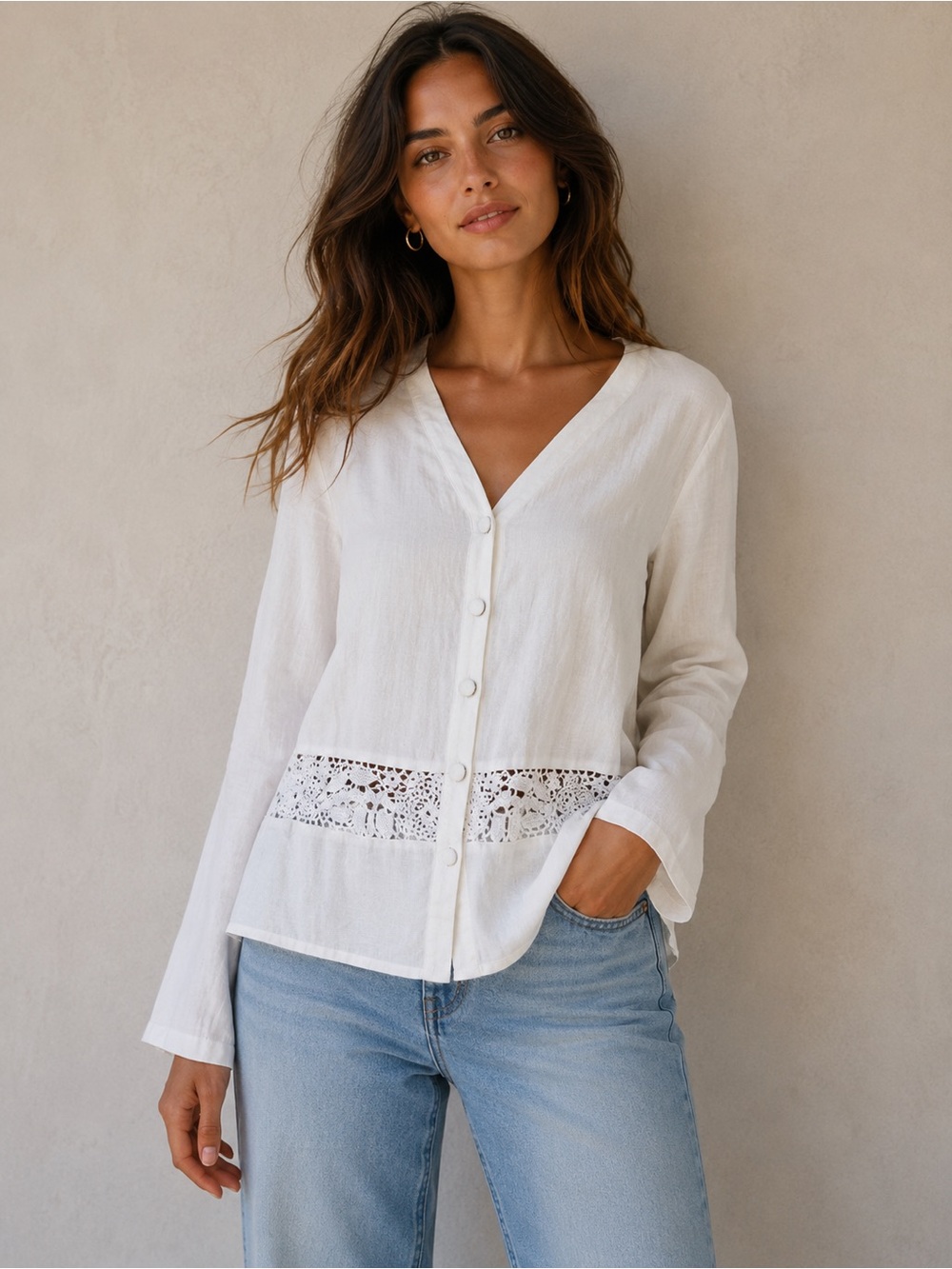 I.S.C. Linen Blend Crochet Detail Blouse Size Medium